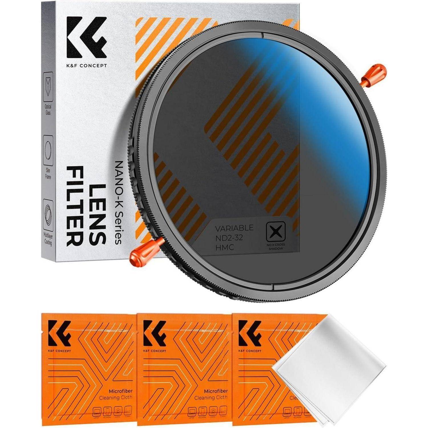 K&F Concept variabler Neutraldichtefilter (ND2-32) mit HMC, gezeigt mit Verpackung, drei Mikrofasertüchern und einem optischen Tuch.