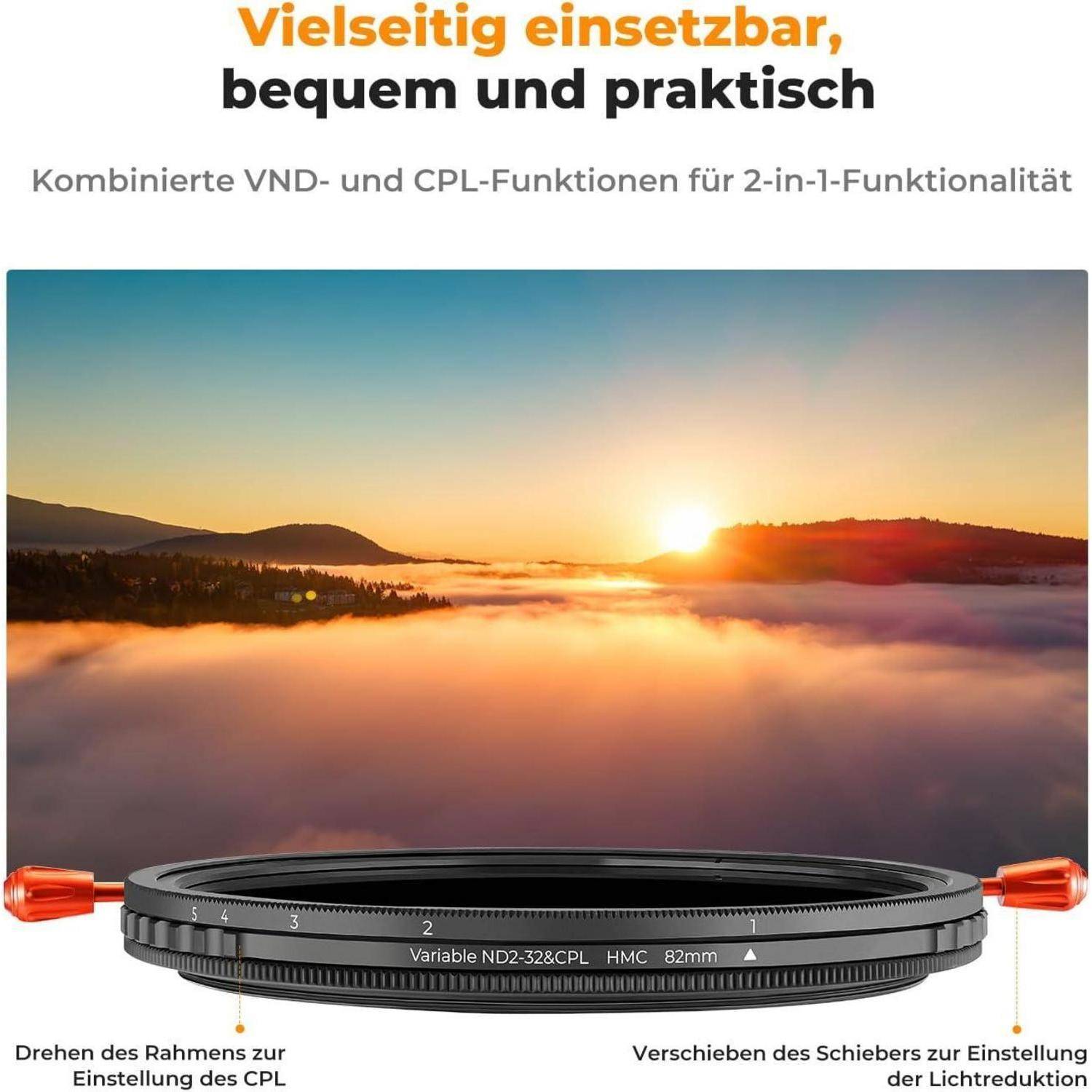 Ein Kameraobjektivfilter mit einem orangefarbenen Knopf und Markierungen; der Text hebt seine vielseitigen und praktischen 2-in-1-VND- und CPL-Funktionen hervor.