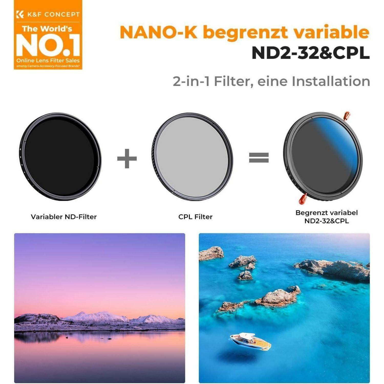 NANO-K begrenzt variable ND2-32&CPL zeigt eine Kombination aus einem variablen ND-Filter und einem CPL-Filter. Unten befinden sich Fotos, die die Filtereffekte auf Landschafts- und Meereslandschaftsaufnahmen veranschaulichen.