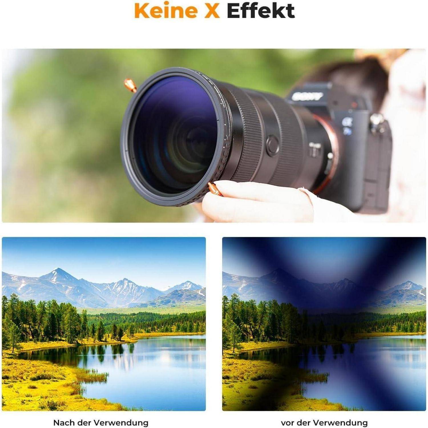 Kameraobjektiv mit einer Waldlandschaft zeigt einen 'Keine X Effekt' Vergleich: 'Nach der Verwendung' (klares Bild) vs 'vor der Verwendung' (dunkler Filtereffekt).