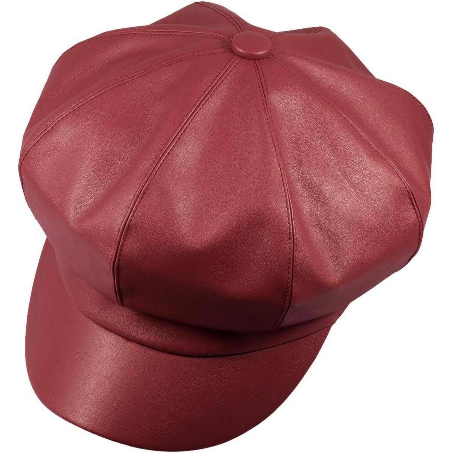 Baskenmütze PU Leder Damen Newsboy Herbst Winter Einheitsgröße #2-Rot