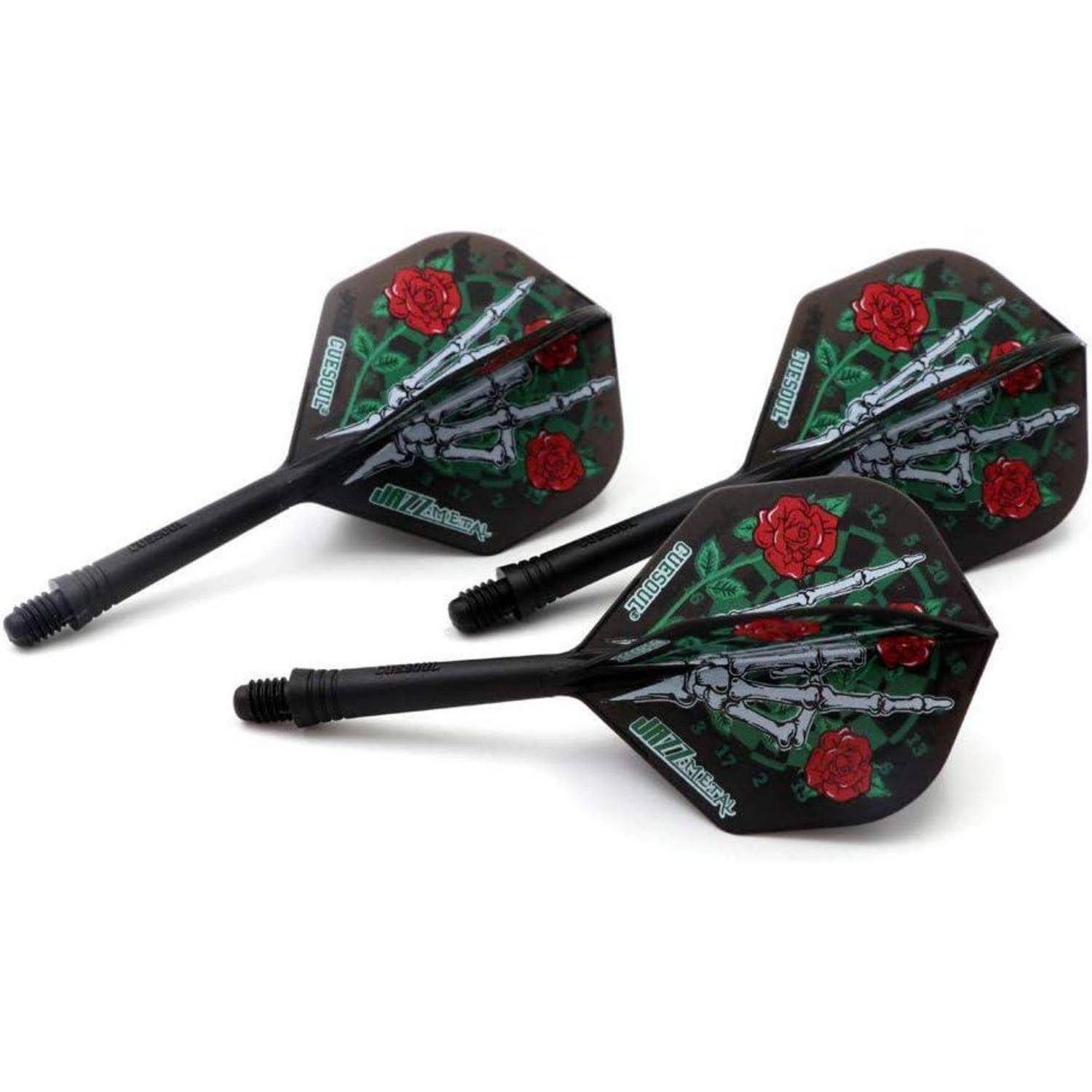 Drei Dartpfeilflügel mit Skeletthand- und roter Rosengestaltung auf schwarzem Hintergrund.