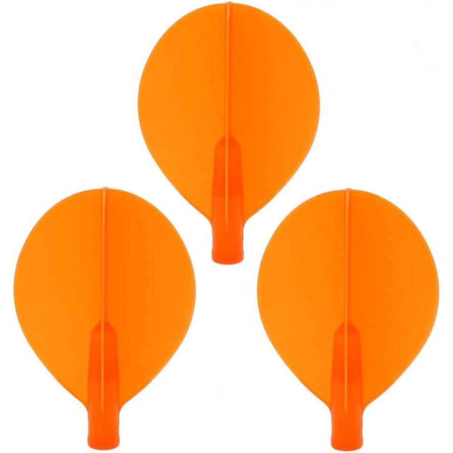 Drei orangefarbene Tischtennis-Schläger mit abgerundeten Klingen, die in einem Dreiecksmuster vor einem weißen Hintergrund angeordnet sind.