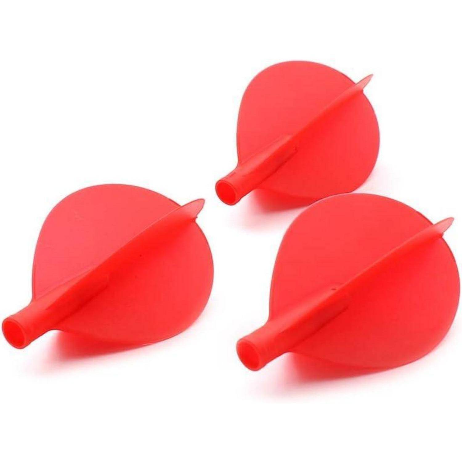 Drei rote Dartflügel, die in einem Cluster angeordnet sind und jeweils ein gekrümmtes, aerodynamisches Design aufweisen, um Dartpfeile während des Fluges zu stabilisieren.