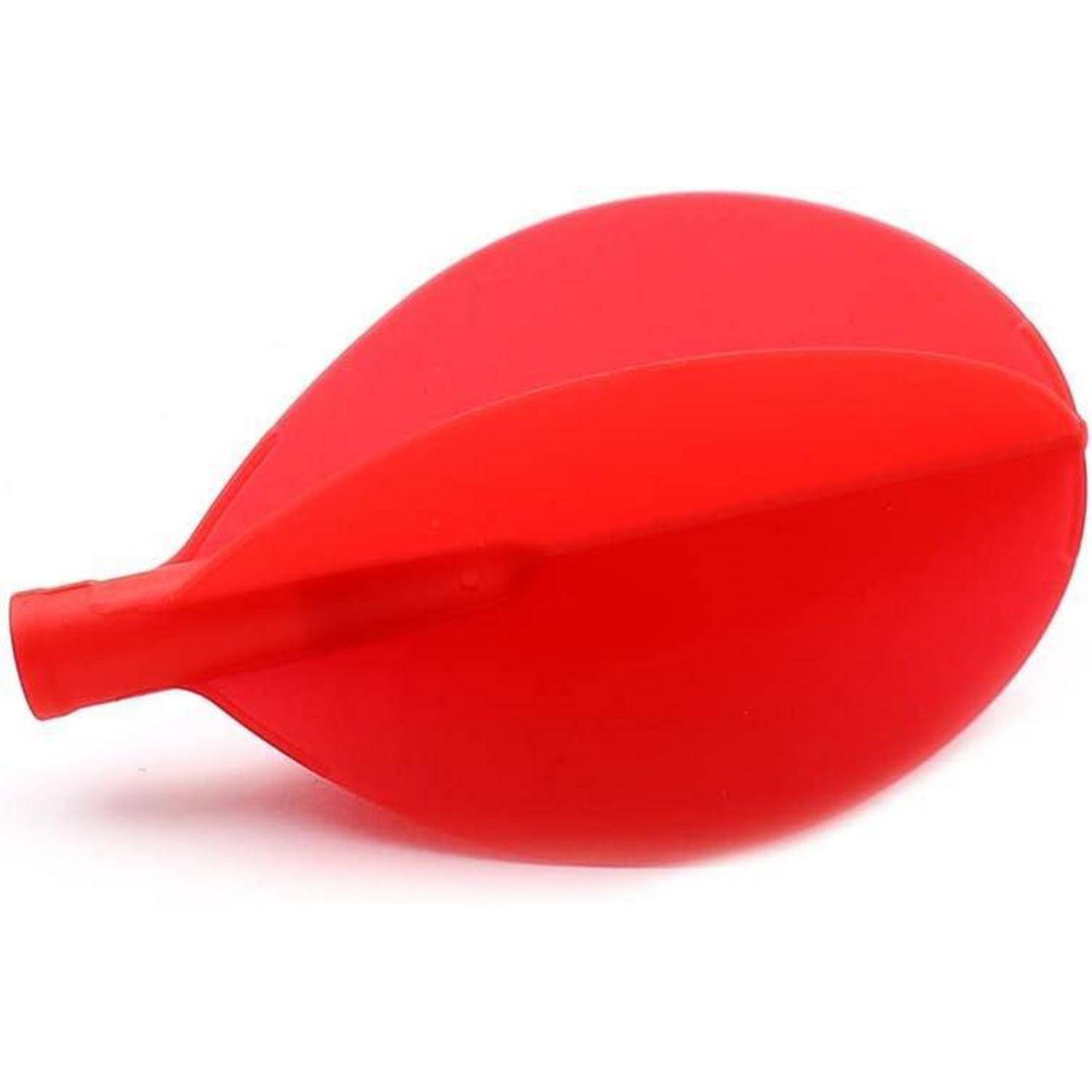 Ein roter Latexluftballon, nicht aufgeblasen, auf seiner Seite liegend.