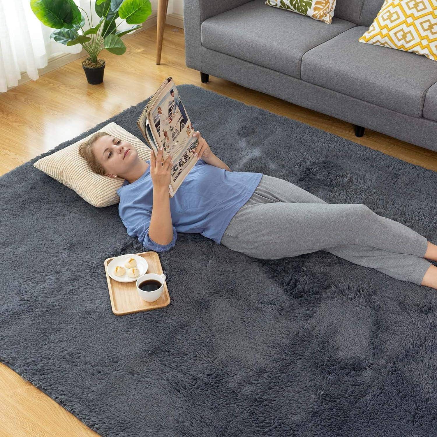 Teppich Hochflor Shaggy Wohnzimmer Läufer AntiRutsch Grau 120x180CM