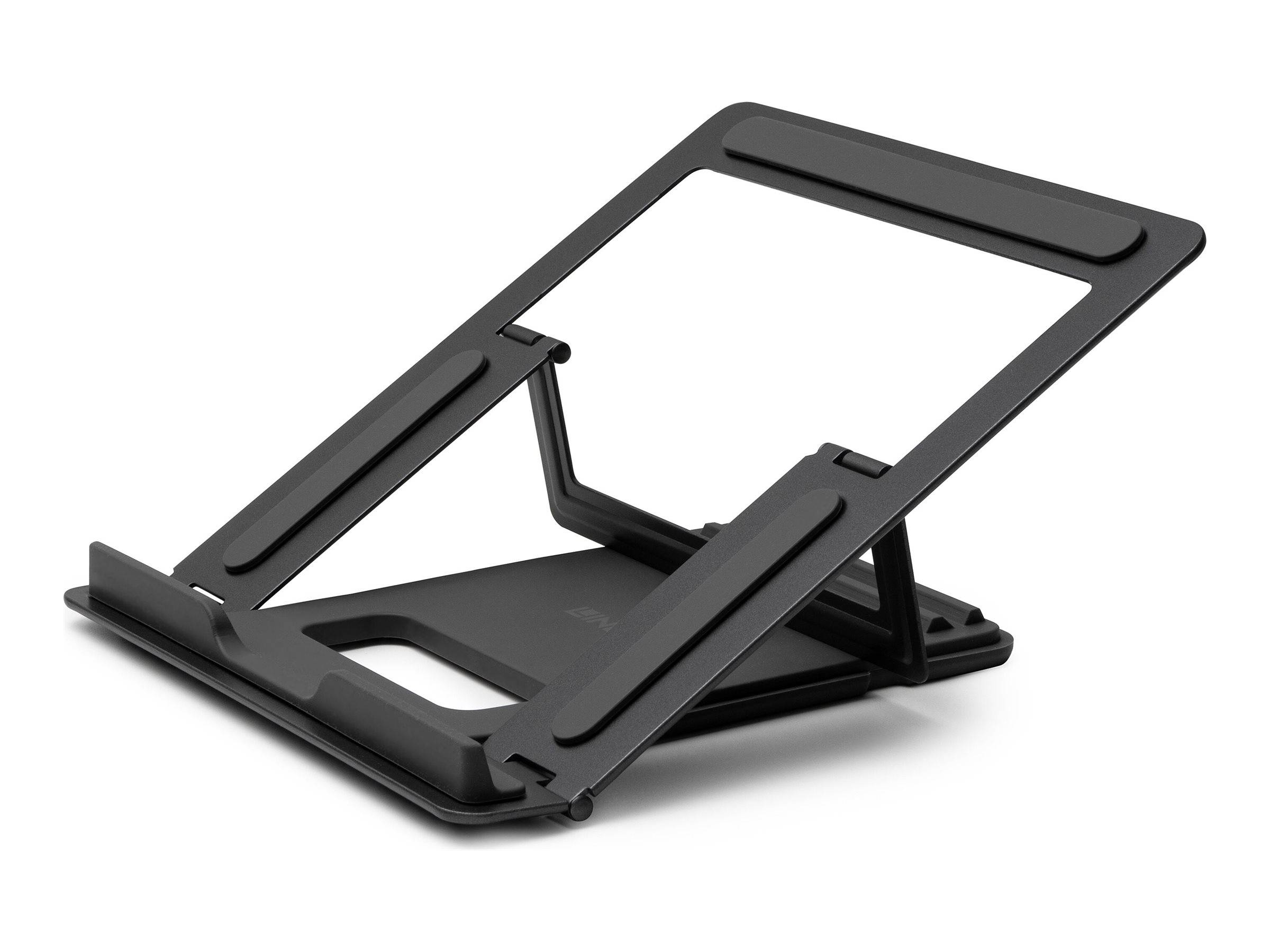 Ein schwarzer, verstellbarer Laptopständer mit faltbarer Konstruktion, entwickelt zur Erhöhung und Neigung von Laptops für verbesserte Ergonomie und Kühlung.