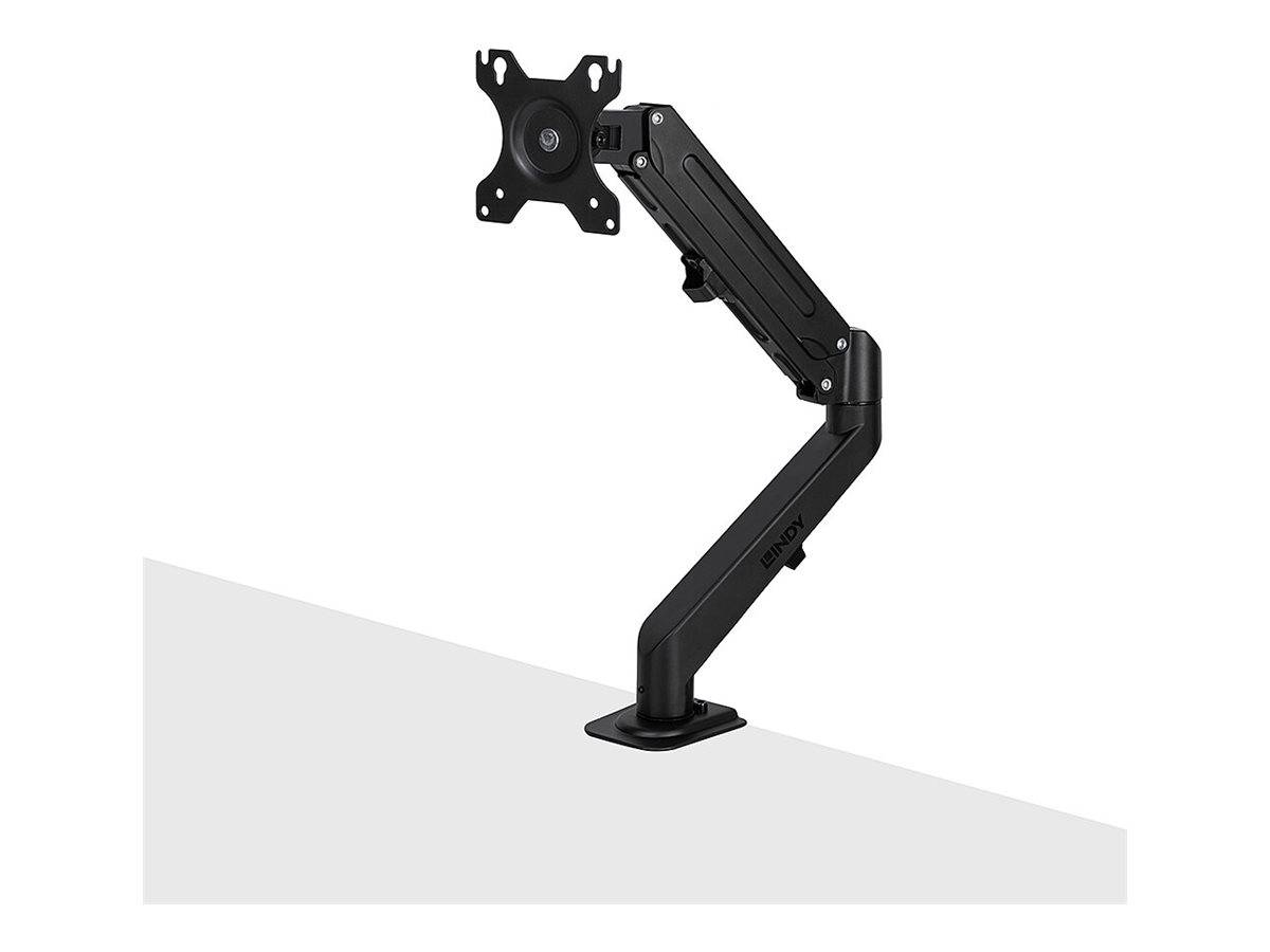 Verstellbarer schwarzer Monitorarm mit VESA-Halterung, geeignet für ergonomische Arbeitsplatzeinrichtungen, der die Höhen- und Winkelverstellung von Bildschirmen ermöglicht.