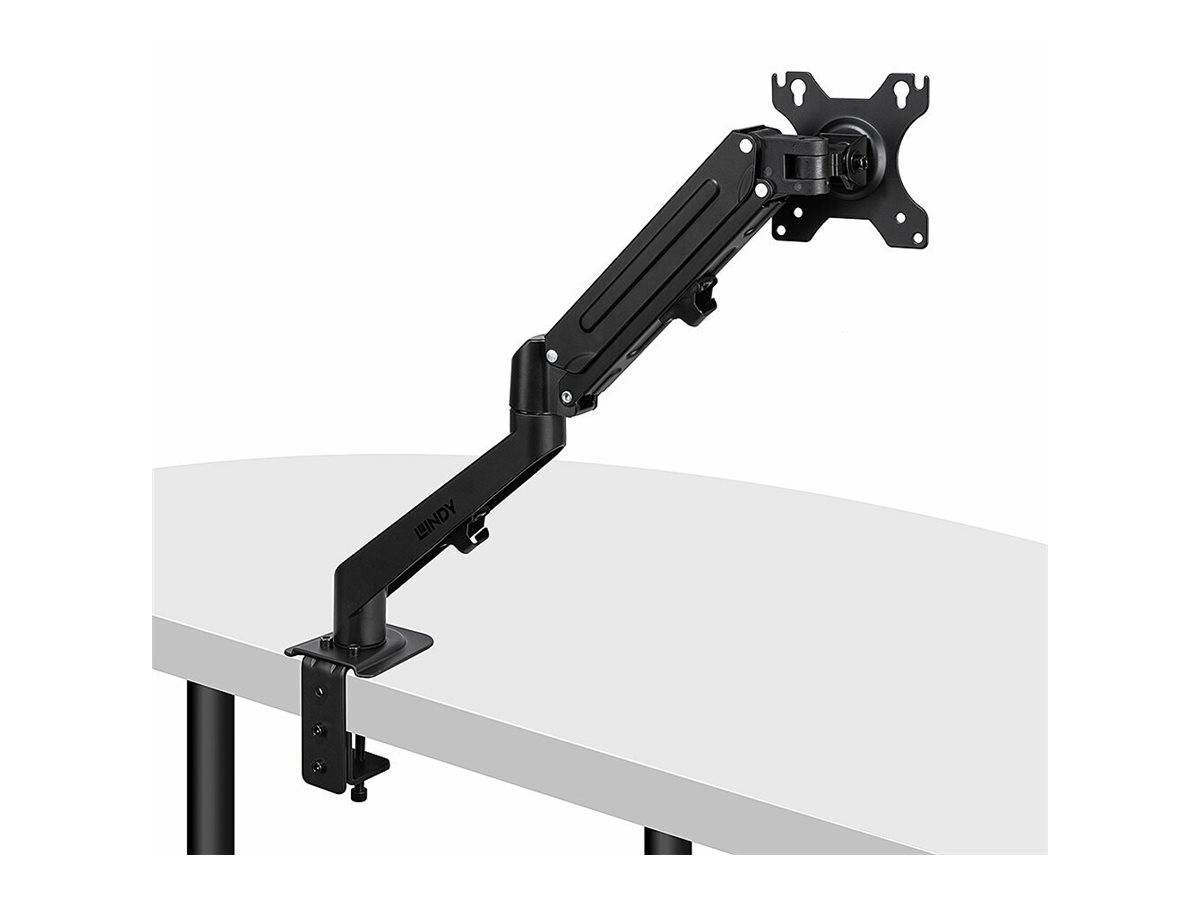 Eine schwarze, verstellbare Monitorhalterung, die an der Kante eines weißen Schreibtischs befestigt ist und entwickelt wurde, um einen Flachbildschirm ergonomisch zu halten und zu positionieren.
