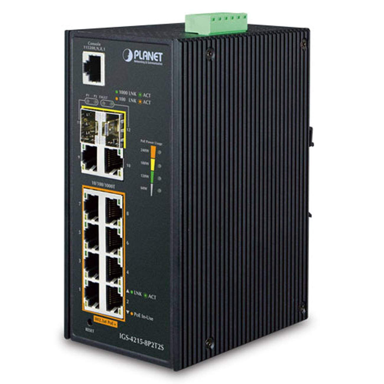 PLANET IGS-4215-8P2T2S Industrial Ethernet Switch' mit mehreren Anschlüssen, LED-Statusanzeigen und einem kompakten, robusten Design.
