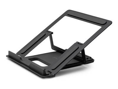 Ein schwarzer, faltbarer Telefon- oder Tabletständer mit verstellbaren Winkeln, der entwickelt wurde, um Geräte während der Nutzung auf flachen Oberflächen zu stützen.