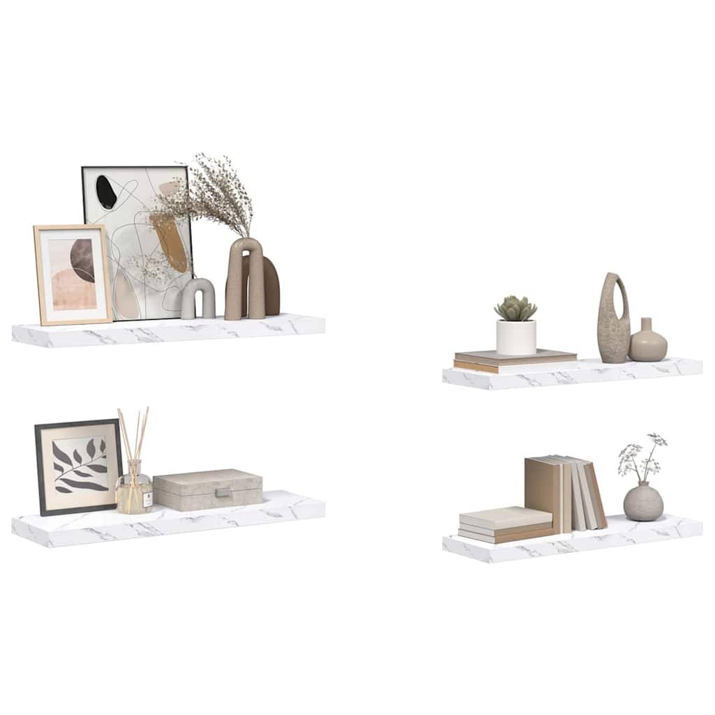 Vier Wandregale, dekoriert mit moderner Kunst, Büchern und Vasen, mit neutralen Farben und minimalistischem Design für die Heimdekoration.