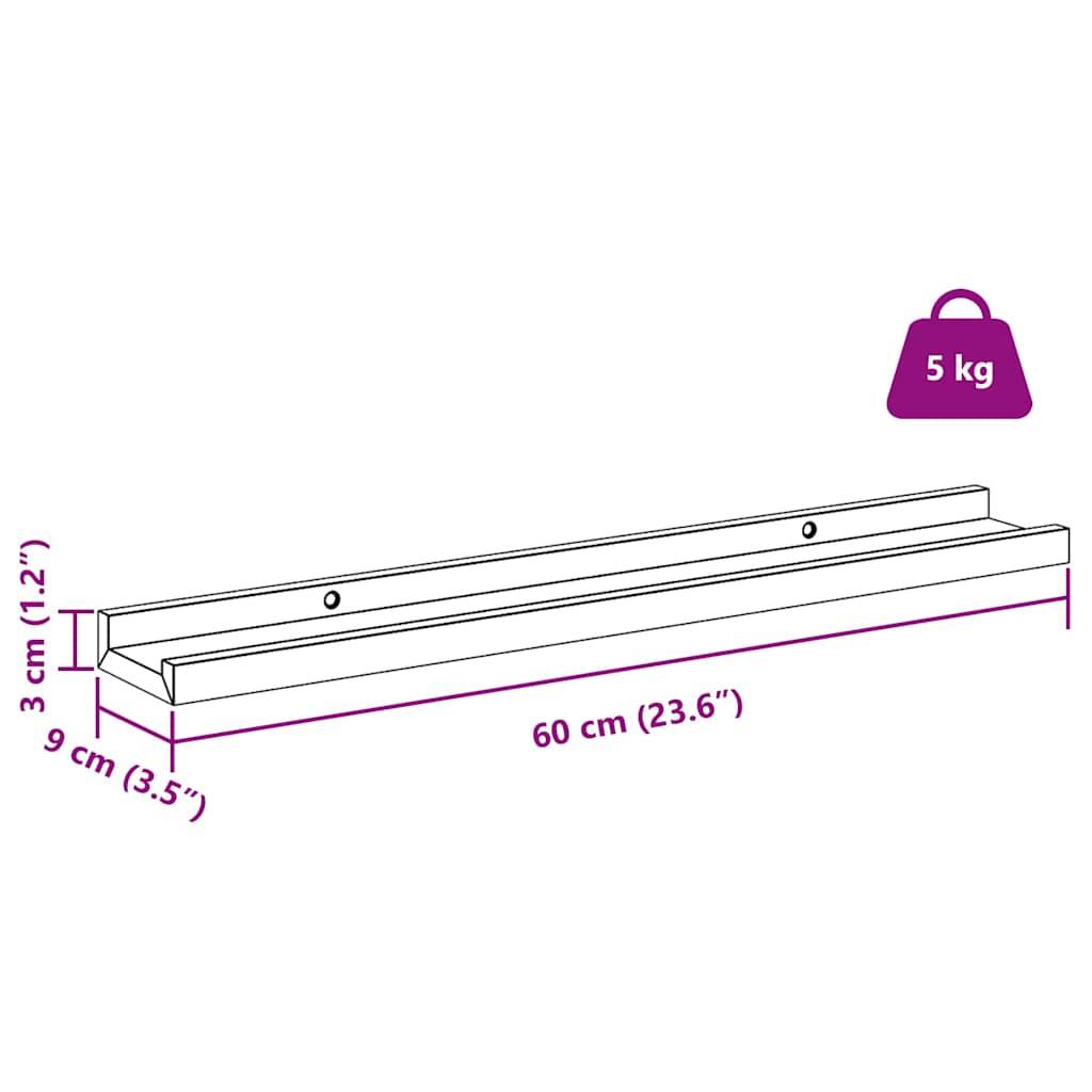 Diagramm einer 60 cm schwebenden Ablage mit Abmessungen: 9 cm Tiefe, 3 cm Höhe. Trägt bis zu 5 kg.