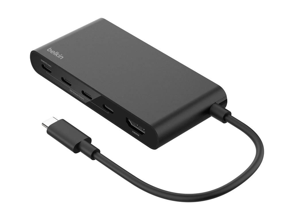 Schwarzer Belkin USB-C-Hub mit mehreren Anschlüssen und angebrachtem Kabel auf weißem Hintergrund.