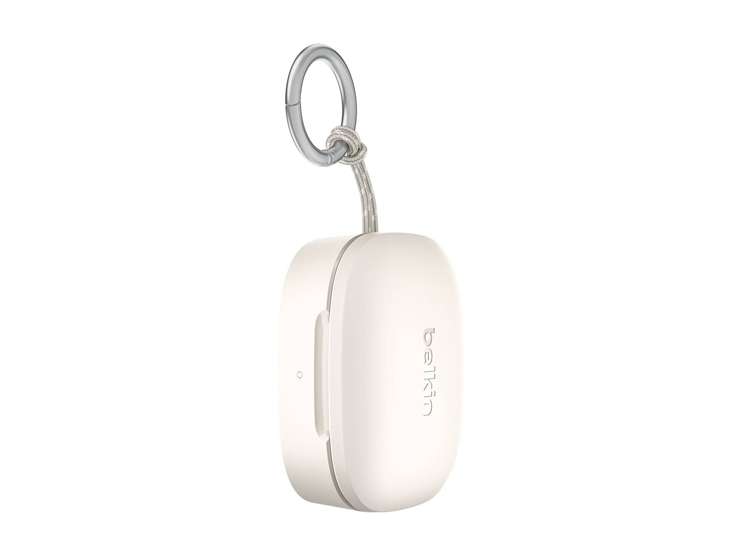 Weißes Belkin-Schlüsselbund-Etui oder -Halter mit einer Metallschleife, dargestellt vor einem einfachen weißen Hintergrund.