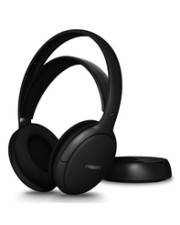 Schwarze Over-Ear-Kopfhörer mit drahtloser Verbindung und einer Ladestation vor einem weißen Hintergrund.