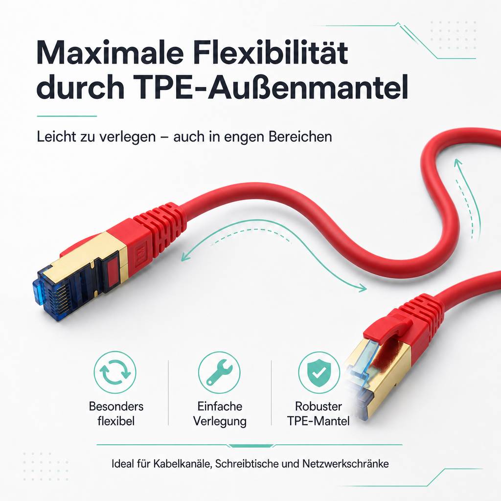 Werbegrafik eines roten Ethernet-Kabels mit der Aufschrift 'Maximale Flexibilität durch TPE-Außenmantel'; zeigt leichtes Verlegen in engen Bereichen, robust und besonders flexibel.