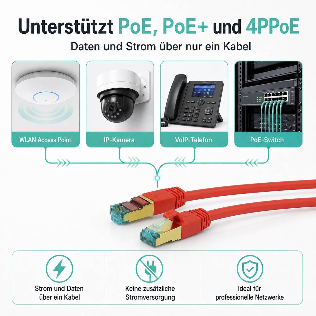 Deutsches Infografik zeigt PoE-, PoE+- und 4PPoE-Unterstützung: WLAN-Zugangspunkt, IP-Kamera, VoIP-Telefon und PoE-Switch, die von einem Ethernet-Kabel mit Strom versorgt und verbunden sind.