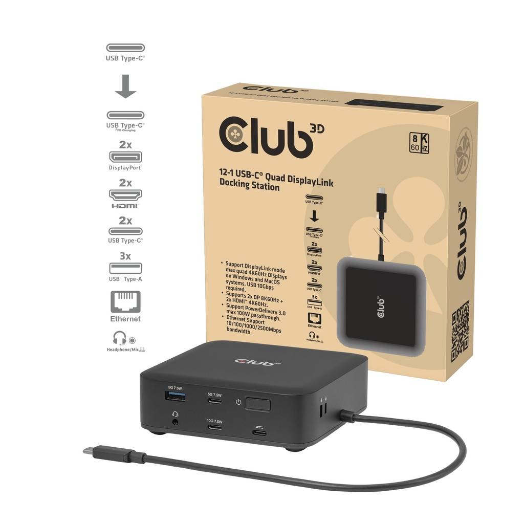 Club 3D 12-in-1 USB-C Quad DisplayLink Dockingstation mit sichtbarem Produkt und Anschlussmerkmalen. Verfügt über USB-C, DisplayPort, HDMI, Ethernet-Anschlüsse und SD-Kartenslots.