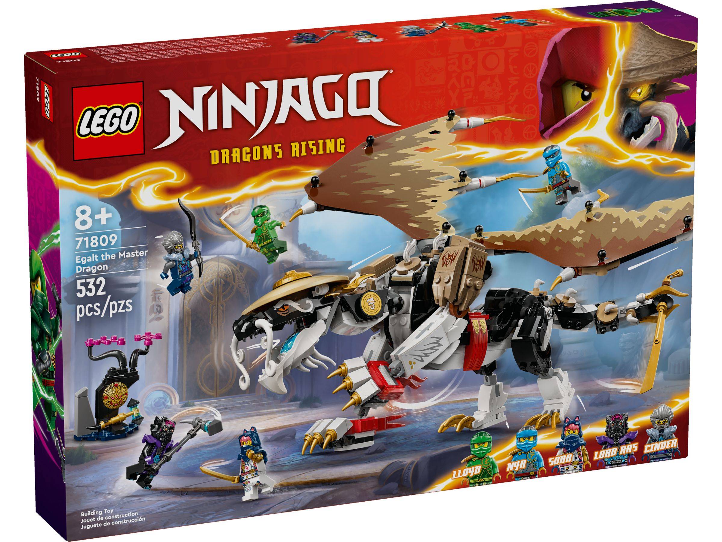 LEGO Ninjago Set mit einem großen Drachen mit Flügeln und mehreren Charakterminifiguren auf der Schachtel, betitelt 