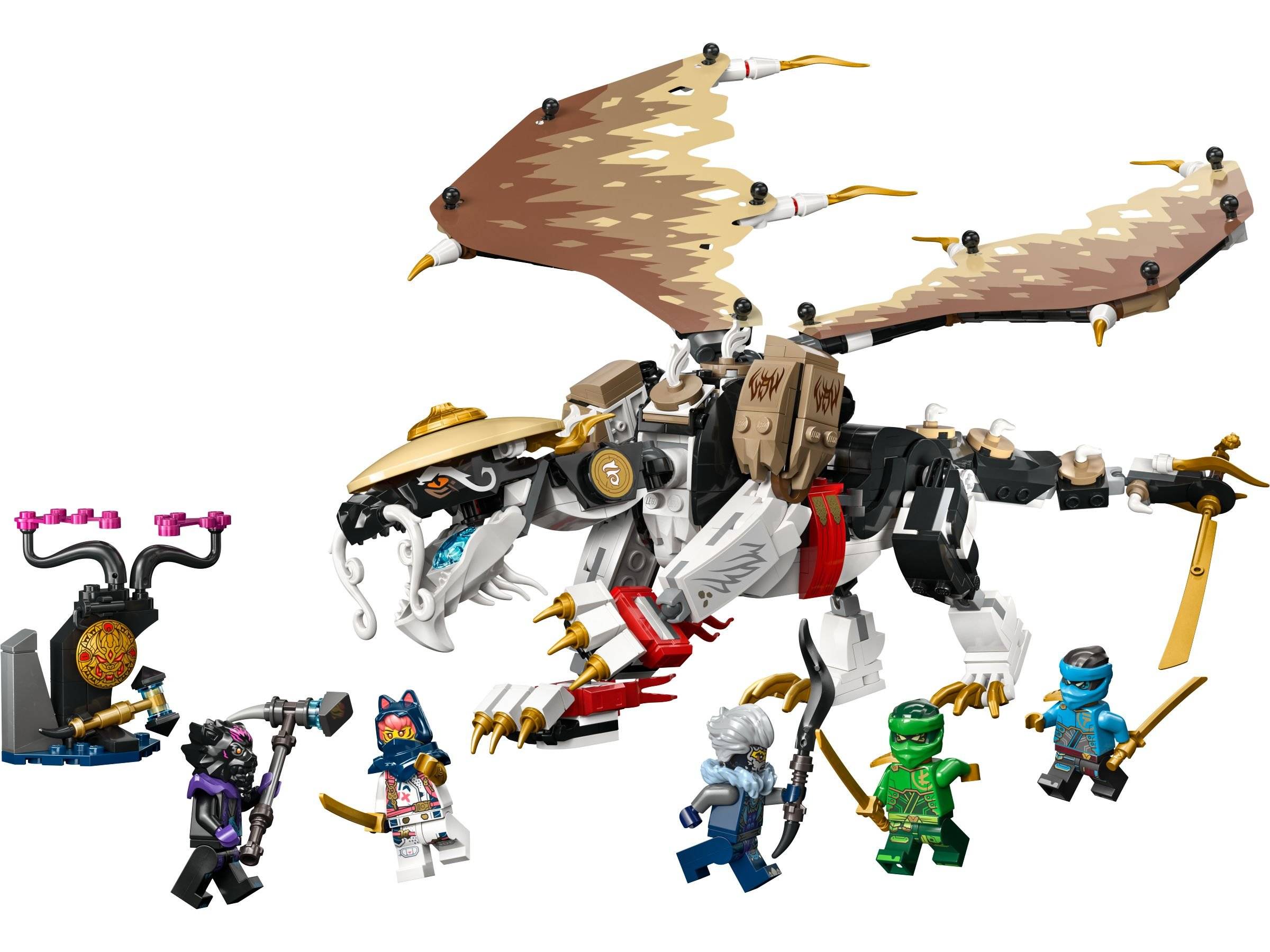 Eine drachenartige Kreatur mit Flügeln und verschiedenen Lego-Figuren in bunten Outfits, die jeweils einzigartige Waffen oder Accessoires halten.