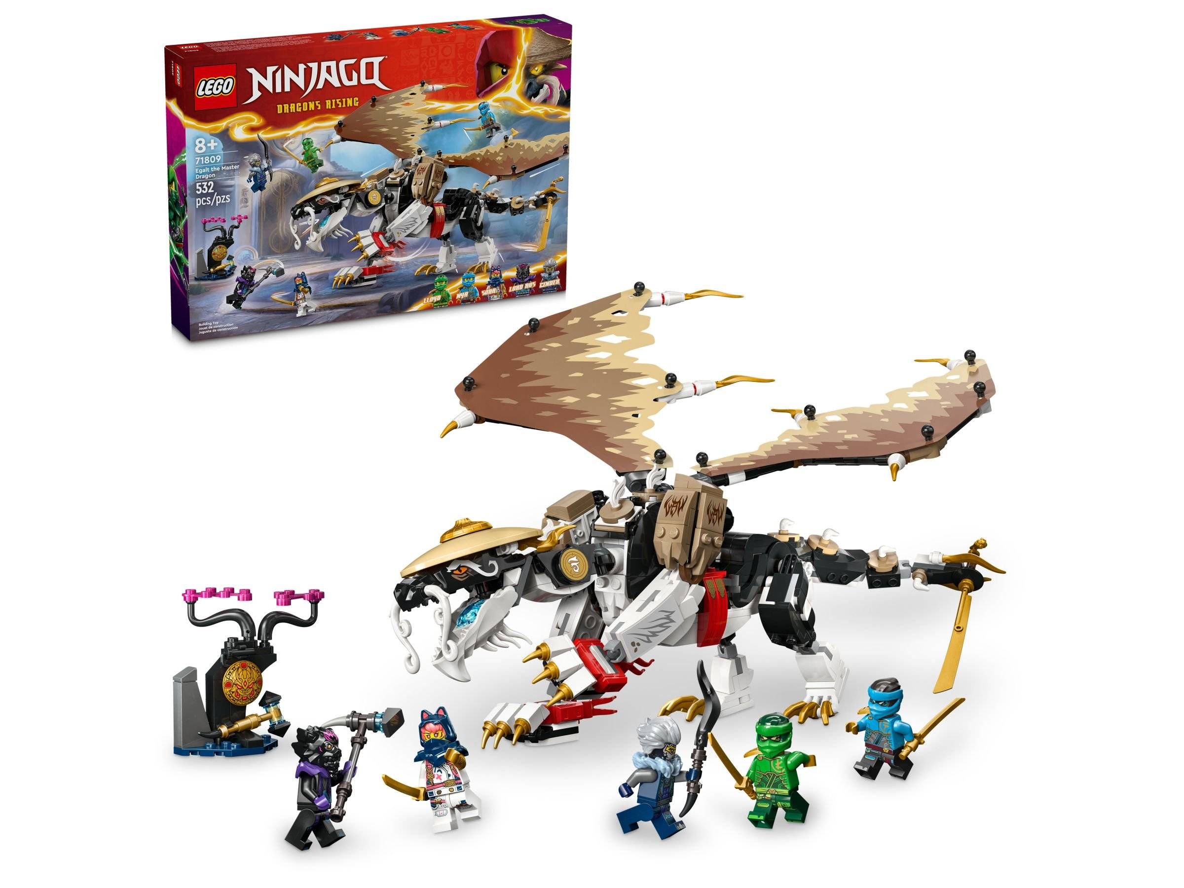 LEGO Ninjago Set mit einem Drachen und vier Minifiguren. Die Verpackung zeigt 'NINJAGO Aufstieg des Drachen' und enthält 532 Teile.