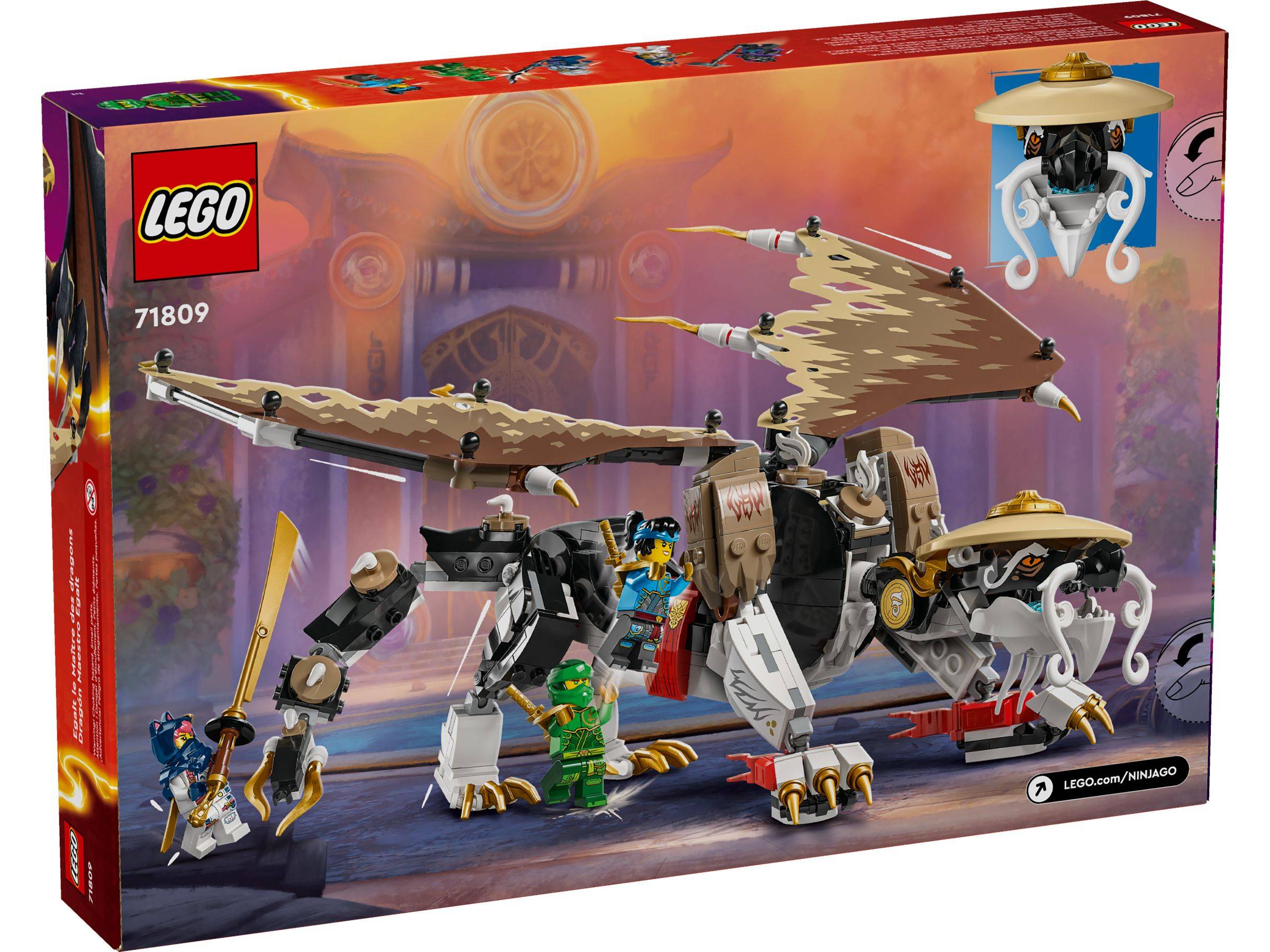 LEGO-Box mit einem Spielzeug-Set eines mythischen Wesens, einschließlich Kriegern und Zubehör, Teil einer thematischen Reihe für kreatives Bauen und Spielen.