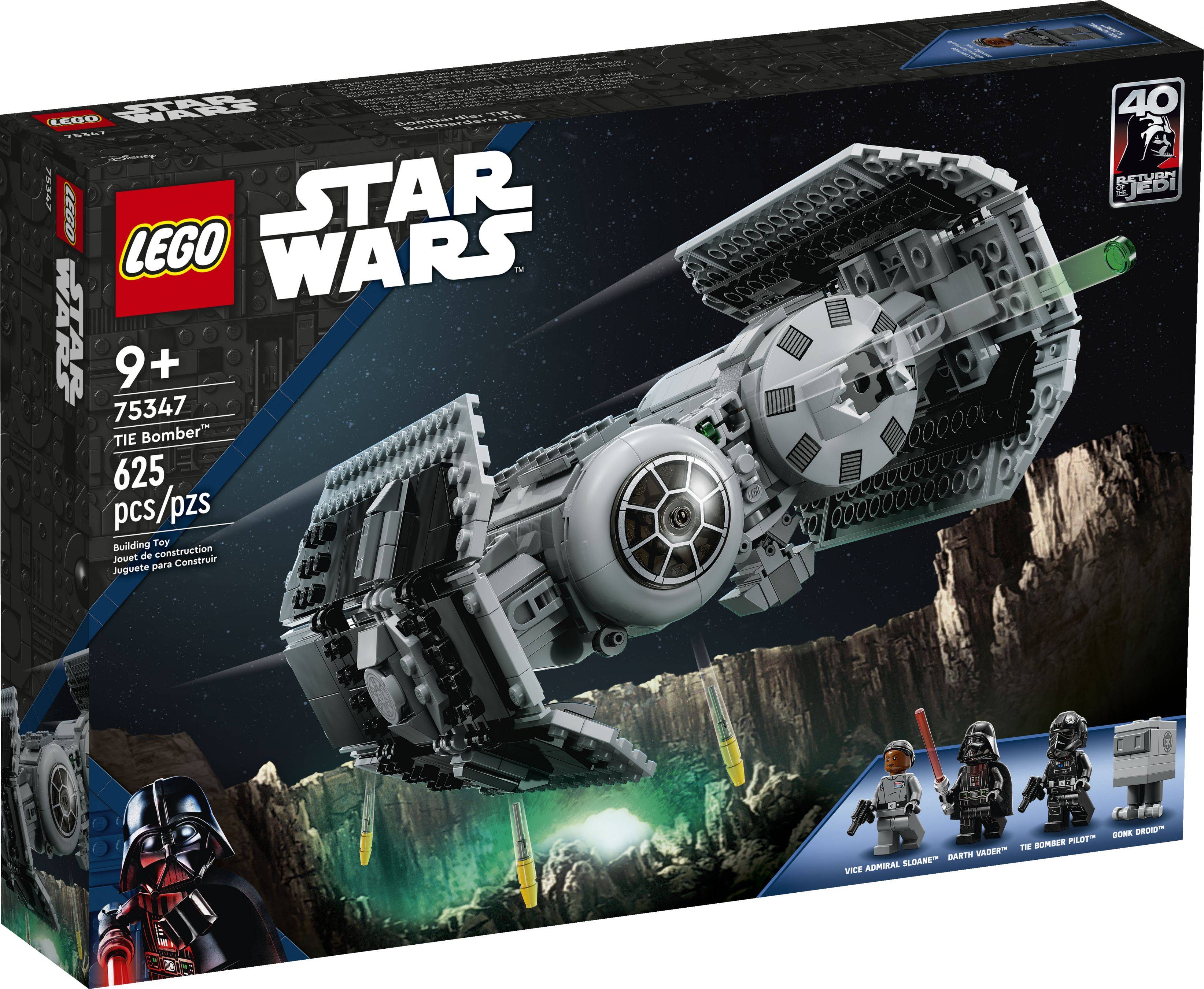 LEGO 'Star Wars' TIE Bomber Set für Kinder ab 9 Jahren, 625 Teile. Die Schachtel zeigt ein Bild des TIE Bomber Modells, das über eine felsige Landschaft fliegt.