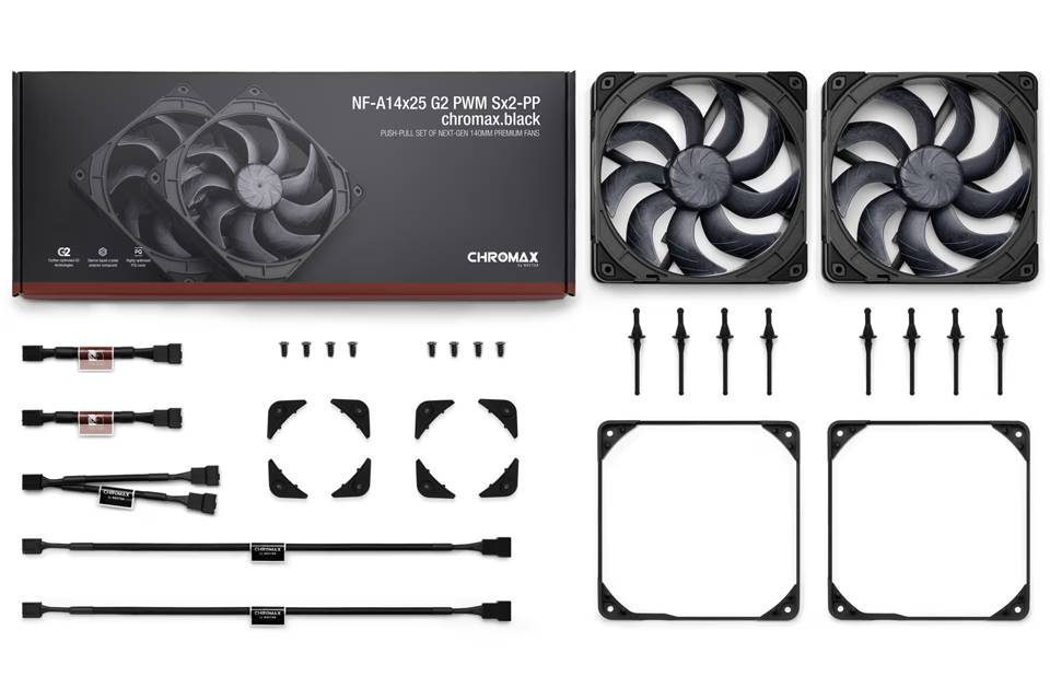 CHROMAX NF-A14x25 G2 PWM Sx2-PPC' Lüfter-Set mit zwei Kühlventilatoren, Befestigungsschrauben, schwarzen Gummipads und Verlängerungskabeln.
