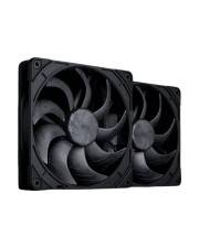 Zwei schwarze Kühlventilatoren oder Computergehäuselüfter auf weißem Hintergrund, ein größerer Lüfter vor einem kleineren Lüfter.