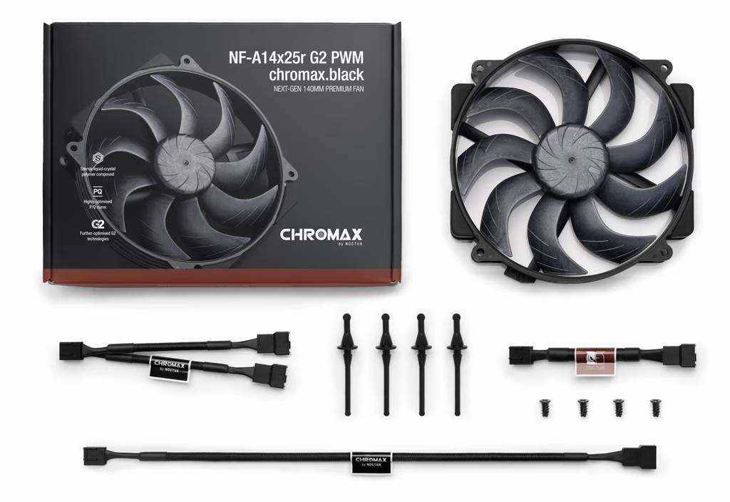 NF-A14x25r G2 PWM chromax.black' Lüfter-Verpackung und -Komponenten dargestellt. Enthält Lüfter, Kabel, Adapter und Befestigungsclips für den Computereinsatz.