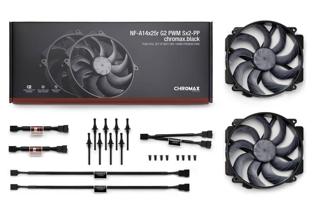 Eine Schachtel mit Computerlüftern, beschriftet mit 'NF-A14x25r G2 PWM Sx2-PP chromax.black', die zwei Lüfter, Befestigungswerkzeuge, Kabel und Anschlüsse zeigt.