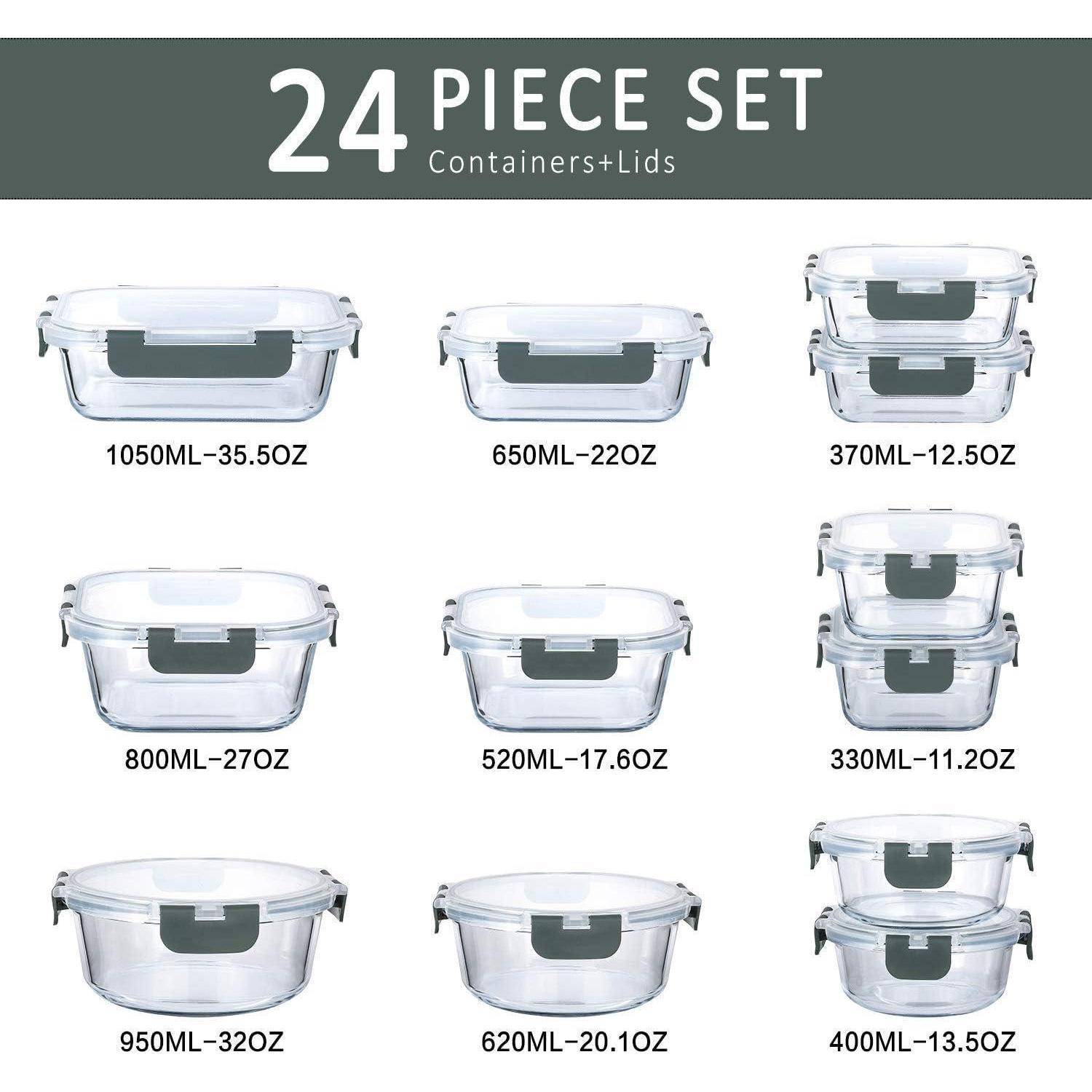 24-teiliges Set von Behältern mit Deckeln. Umfasst acht Kapazitäten: 1050ML-35,5OZ, 950ML-32OZ, 800ML-27OZ, 650ML-22OZ, 620ML-20,1OZ, 520ML-17,6OZ, 400ML-13,5OZ, 370ML-12,5OZ, 330ML-11,2OZ.