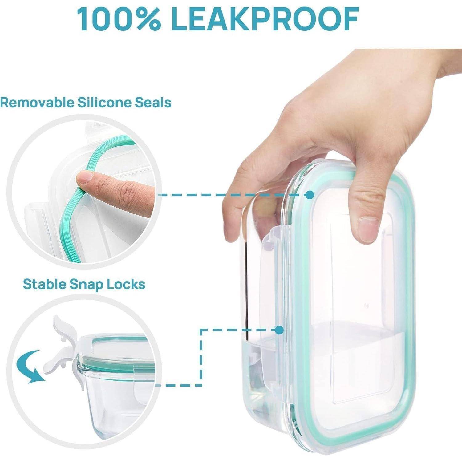 100% Auslaufsicher' Text über dem Bild. Hand hält einen durchsichtigen Behälter mit aquafarbenem Rand. Einblendungen zeigen 'Abnehmbare Silikonversiegelungen' und 'Stabile Schnappverschlüsse'.