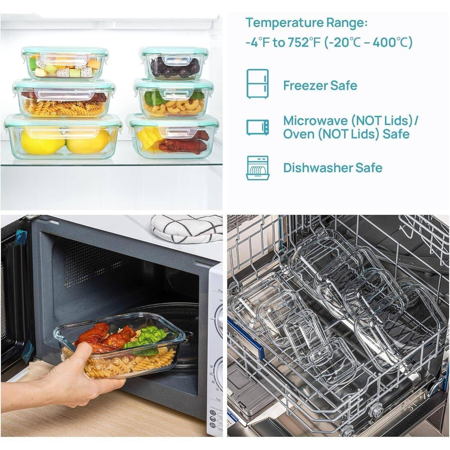 Glasbehälter ausgestellt, gekennzeichnet als gefrier-, ofen- und spülmaschinenfest. Temperaturbereich: -4°F bis 752°F (-20°C bis 400°C).