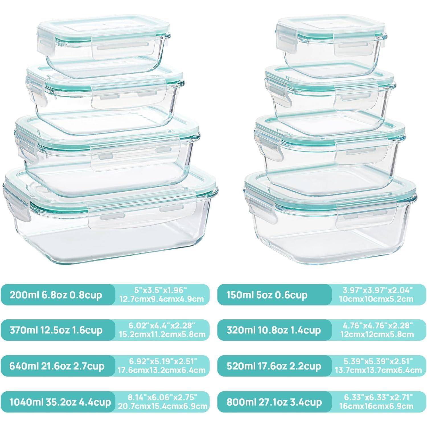 Ein Set aus 16 transparenten rechteckigen Glasbehältern mit petrolblauen Deckeln. Die Größen reichen von 150 ml bis 1040 ml, dargestellt in gestapelten Paaren mit Abmessungen.