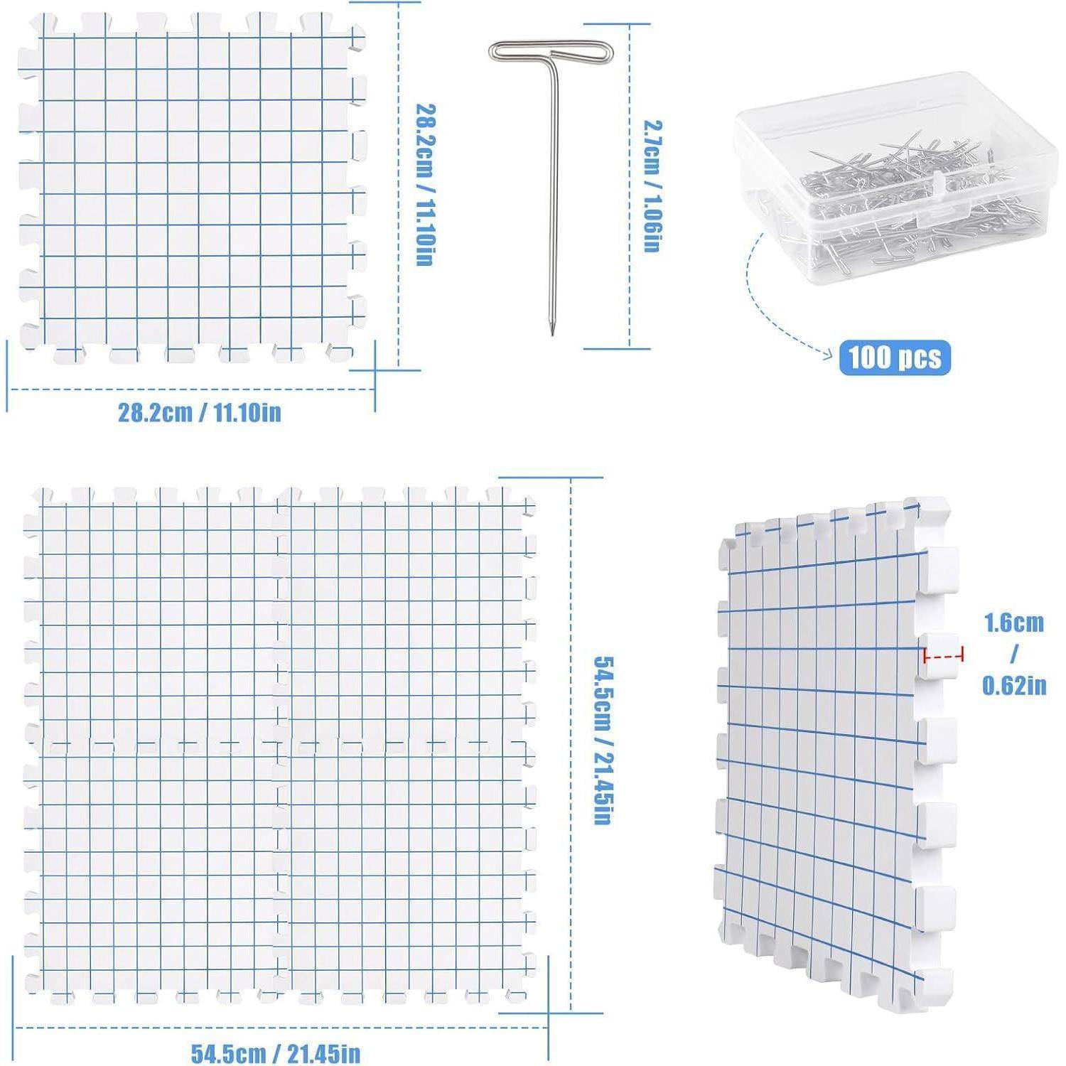 Gitterplatten mit Steckern und einer Aufbewahrungsbox. Die Platten haben die Maße 28,2 cm x 28,2 cm und die Stifte sind 16,6 cm lang. Die Box enthält 100 Stifte.