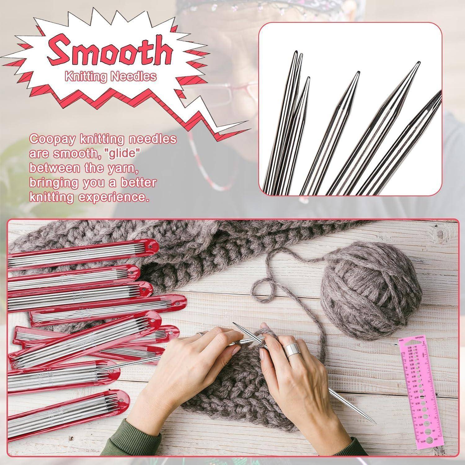 Stricknadeln von 'Coopay' bieten ein glattes Strickerlebnis; die Abbildung zeigt Hände, die Nadeln mit grauer Wolle und einem Maßband in der Nähe verwenden.