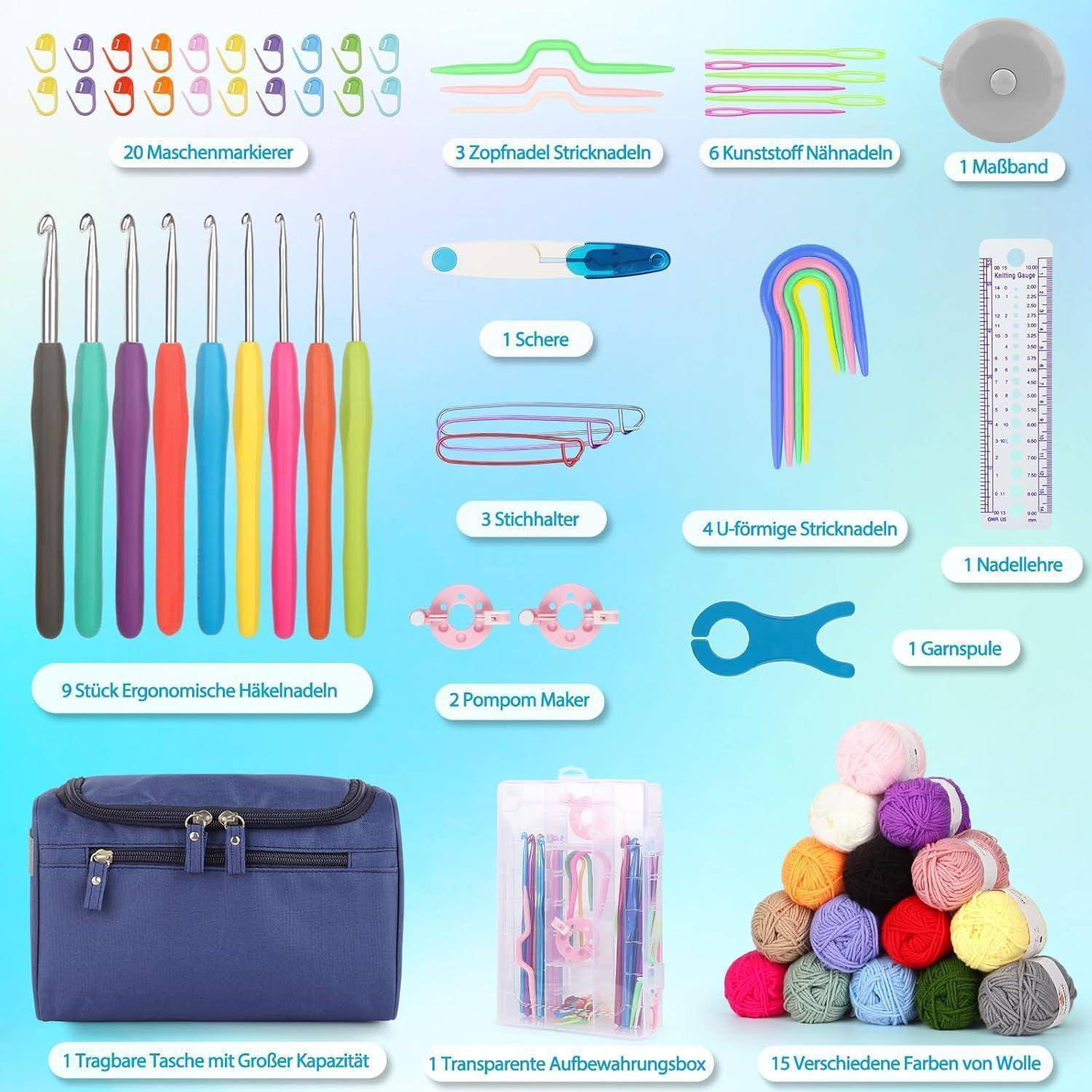 Ein bunter Häkelset-Display enthält ergonomische Häkelnadeln, Maschenmarkierer, Schere, Lineal, Garn und Aufbewahrungskoffer, beschriftet auf Deutsch.
