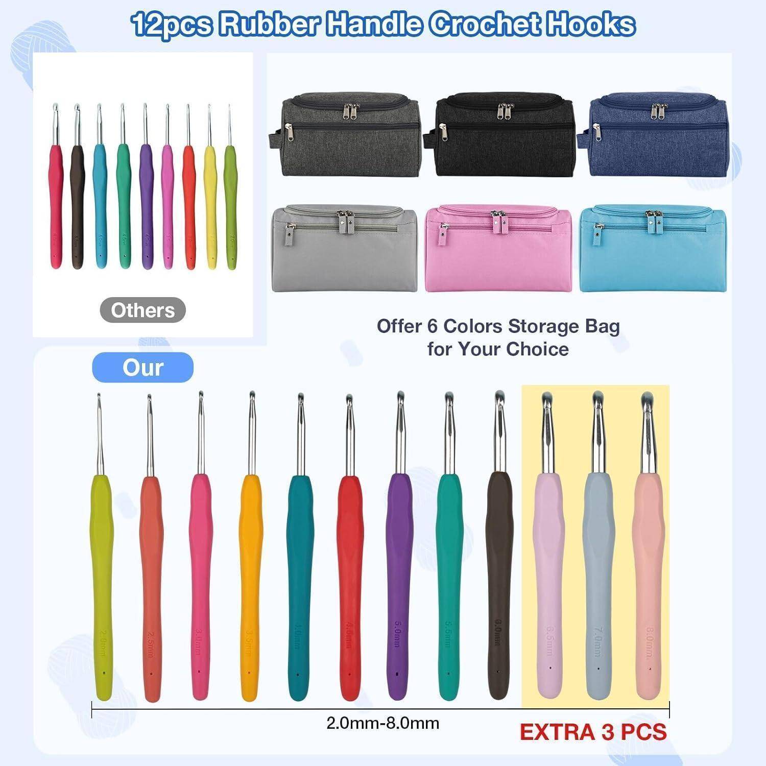 Häkelnadel-Set mit Gummigriff in verschiedenen Farben, mit Größen von 2,0 mm bis 8,0 mm. Enthält sechs bunte Aufbewahrungstaschen zur Auswahl.