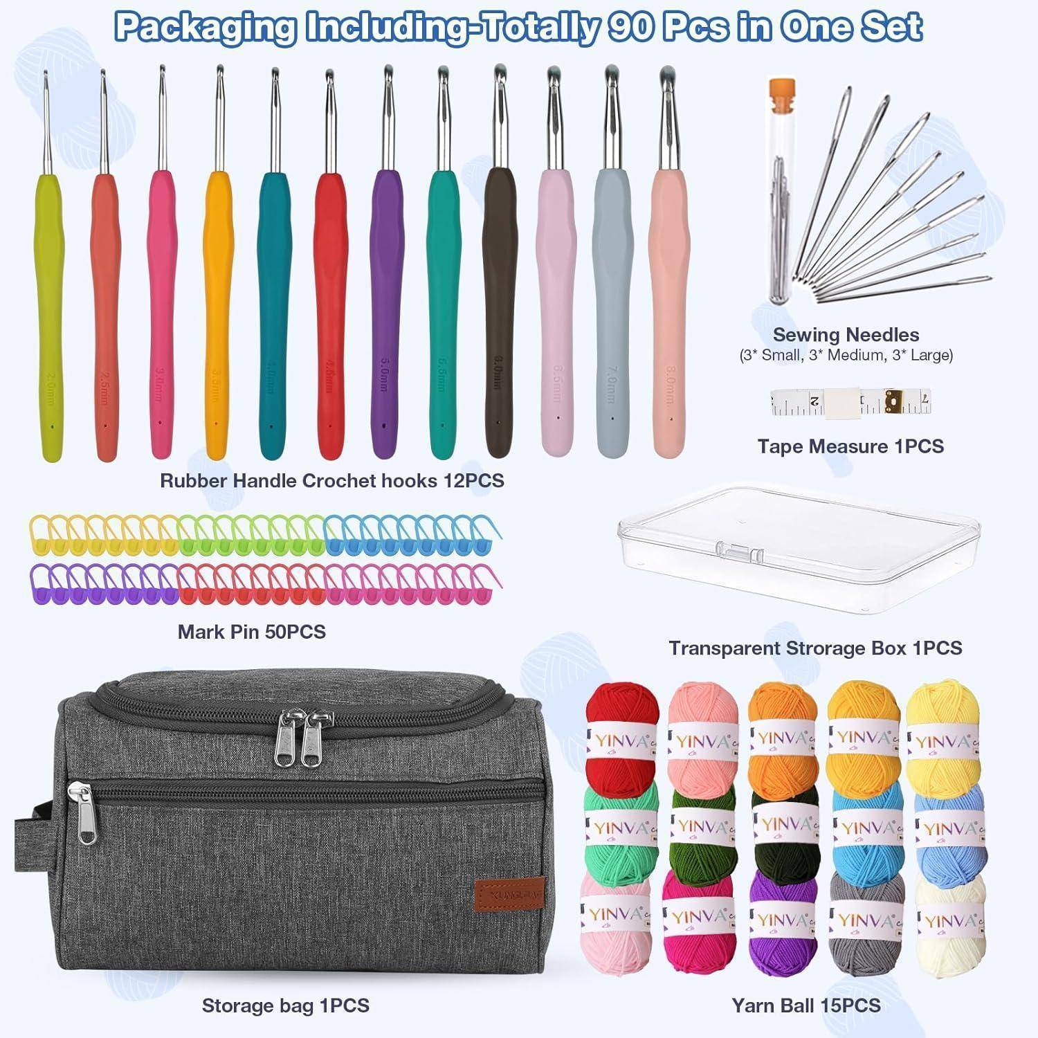 Inhalt des Häkel-Sets: 12 Häkelnadeln, Nähnadeln, Maßband, 50 Markierungsnadeln, Aufbewahrungstasche, Wollbälle, transparente Aufbewahrungsbox.