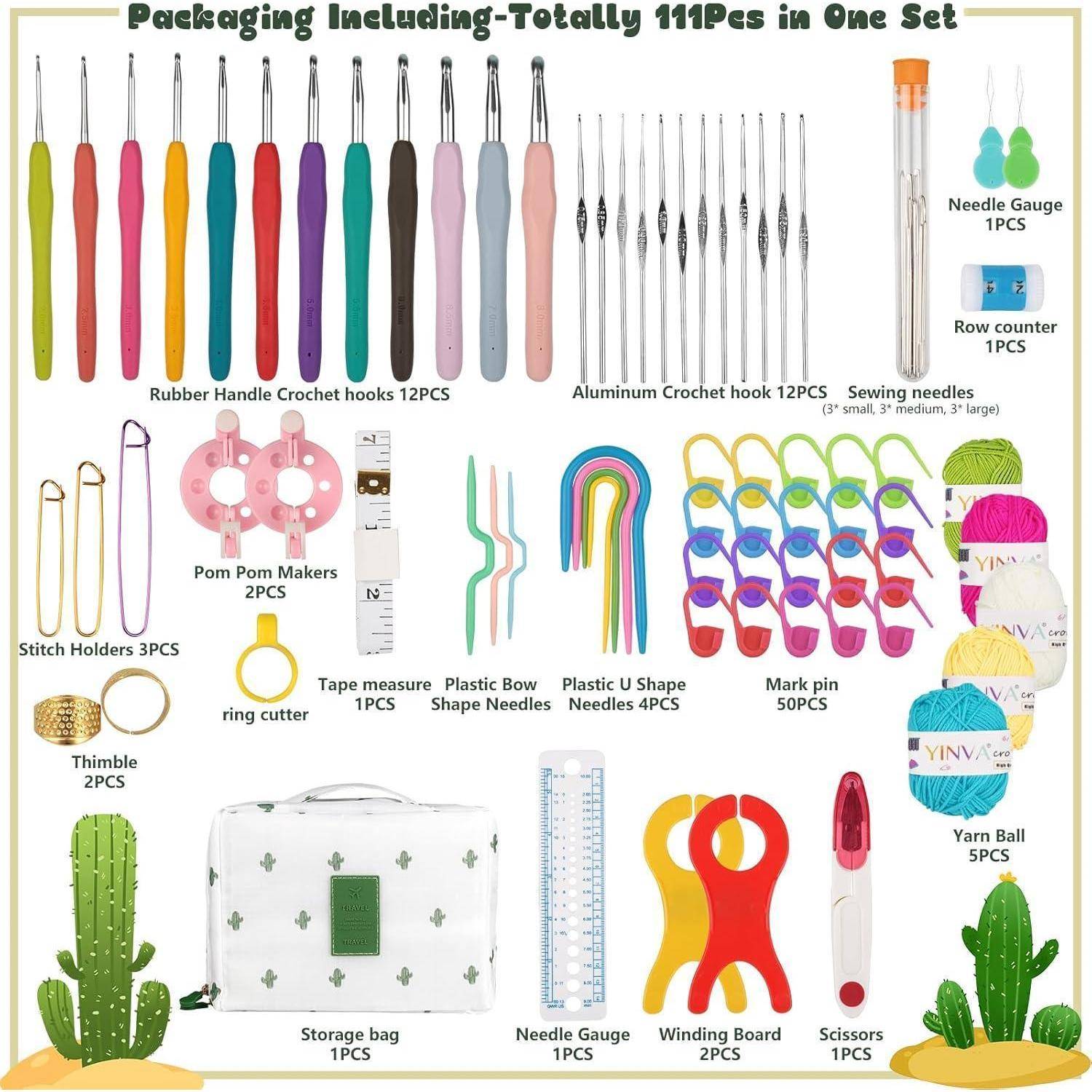 Verpackung inklusive insgesamt 111 Teilen in einem Set: Ein Häkel-Set mit Haken, Nadeln, Reihen-Zähler, Pompom-Herstellern, Maßband und Aufbewahrungstasche.