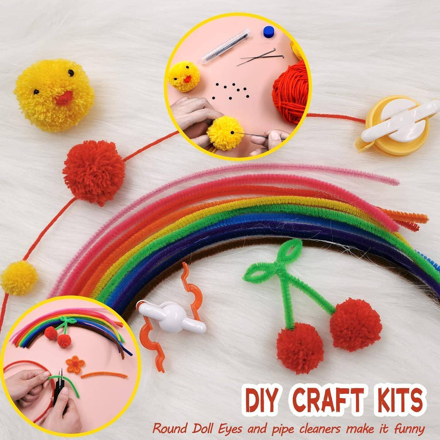 DIY-Bastelsets mit bunten Pfeifenreinigern, die einen Regenbogen bilden. Einblendungen zeigen Bastelwerkzeuge und Schritte zum Erstellen von Küken- und Kirsch-Designs.