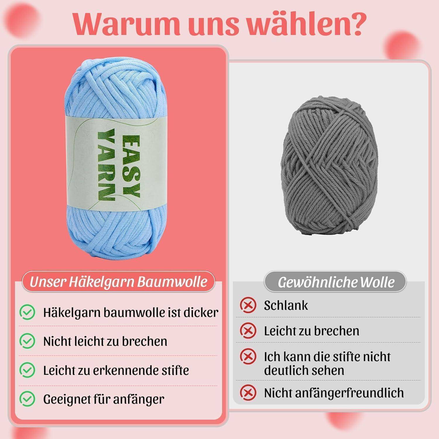Vergleich zweier Garnarten: 'Unser Häkelgarn Baumwolle' ist dicker, haltbar, gut sichtbar für Maschen, anfängerfreundlich. 'Gewöhnliche Wolle' ist dünn, brüchig, Maschen schwer zu erkennen, nicht anfängerfreundlich.
