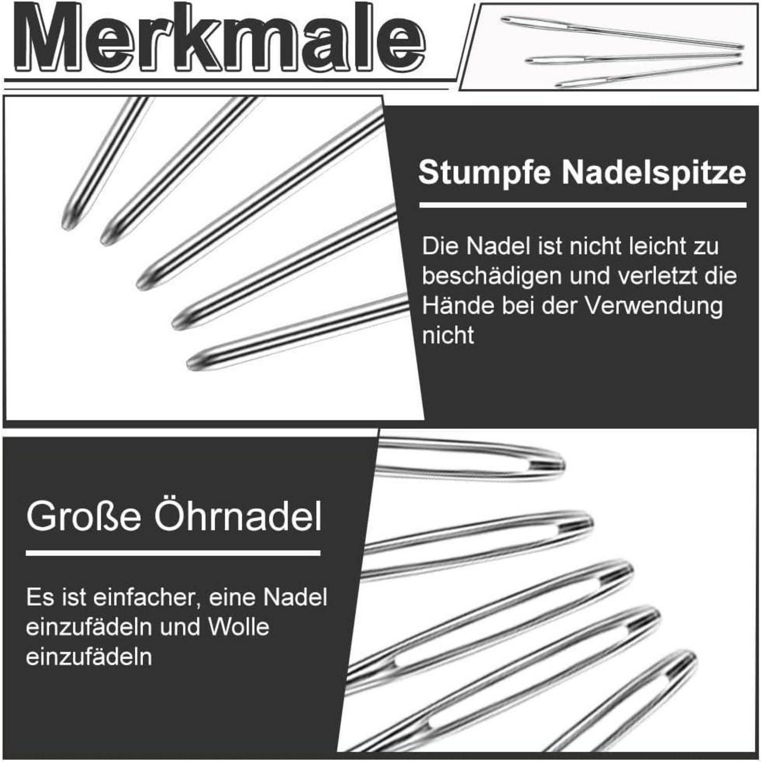 Drei große Nähnadeln sind abgebildet. Der Text beschreibt Merkmale: „Stumpfe Nadelspitze