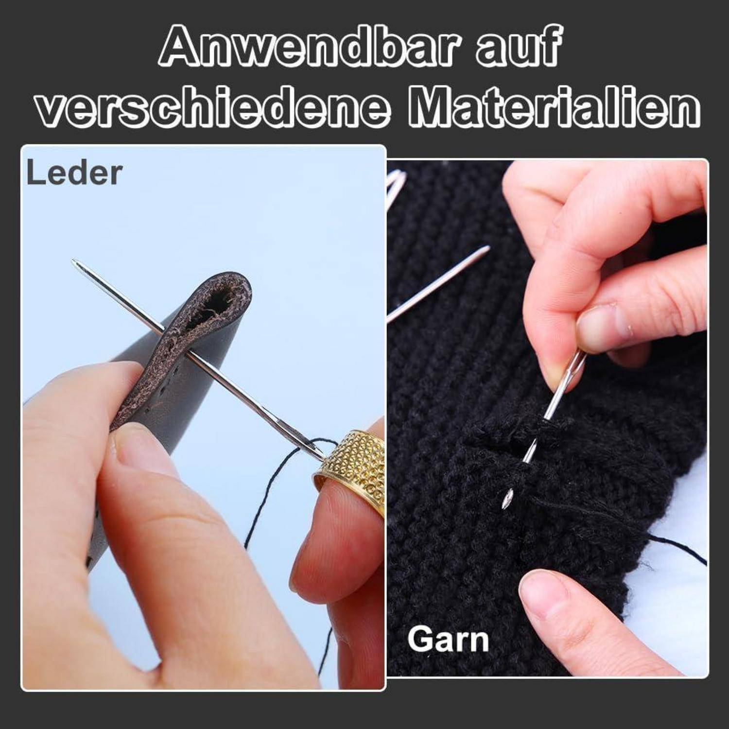 Anwendbar auf verschiedene Materialien. Leder: Nähnadel näht braunes Leder. Garn: Nähnadel näht schwarzes Garn.