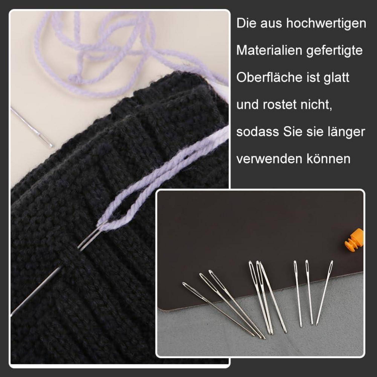 Die aus hochwertigen Materialien gefertigte Oberfläche ist glatt und rostet nicht, sodass Sie sie länger verwenden können.' Bild zeigt Nähnadeln auf Stoff mit Garn.