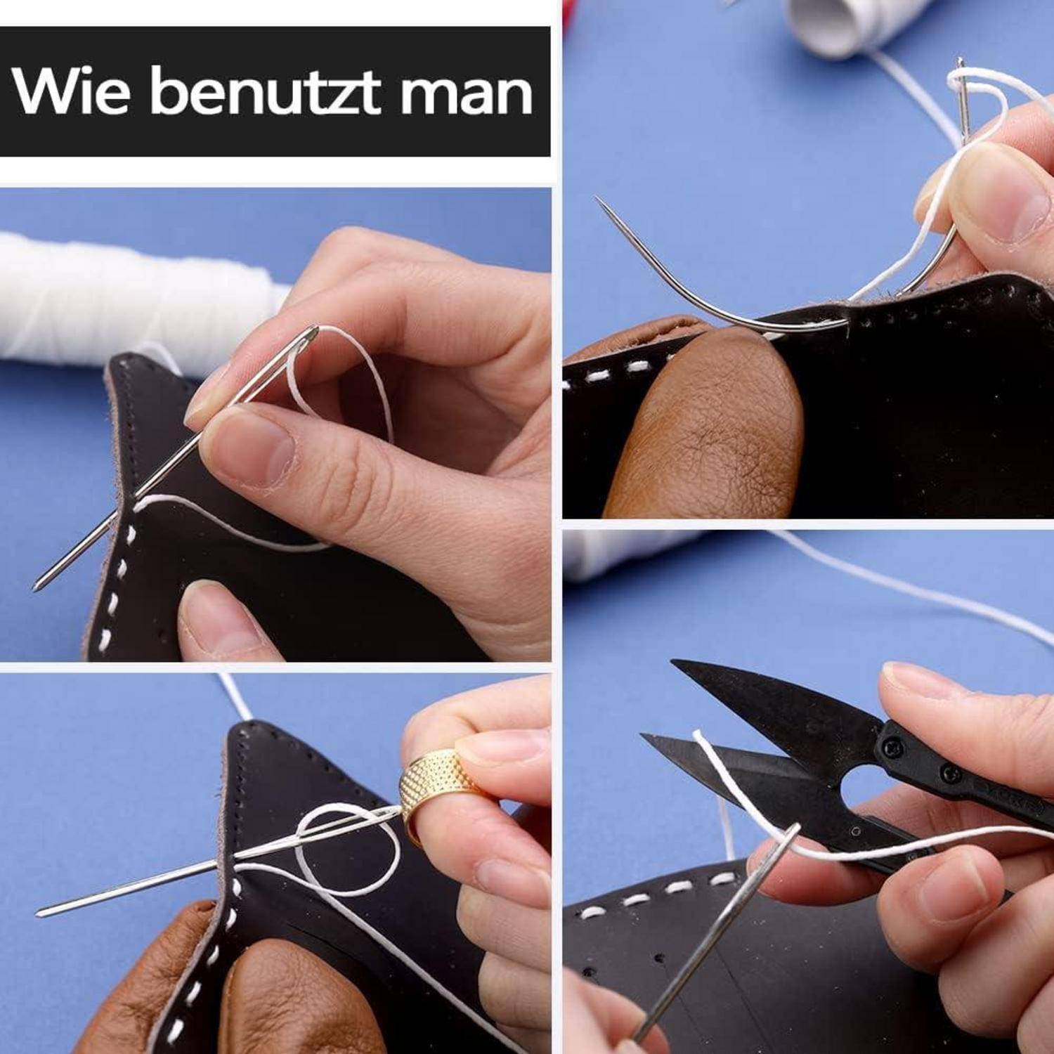 Hände, die zeigen, wie man Nadel und Faden benutzt, mit dem Text 'Wie benutzt man' oben, was auf ein Näh-Tutorial hinweist.