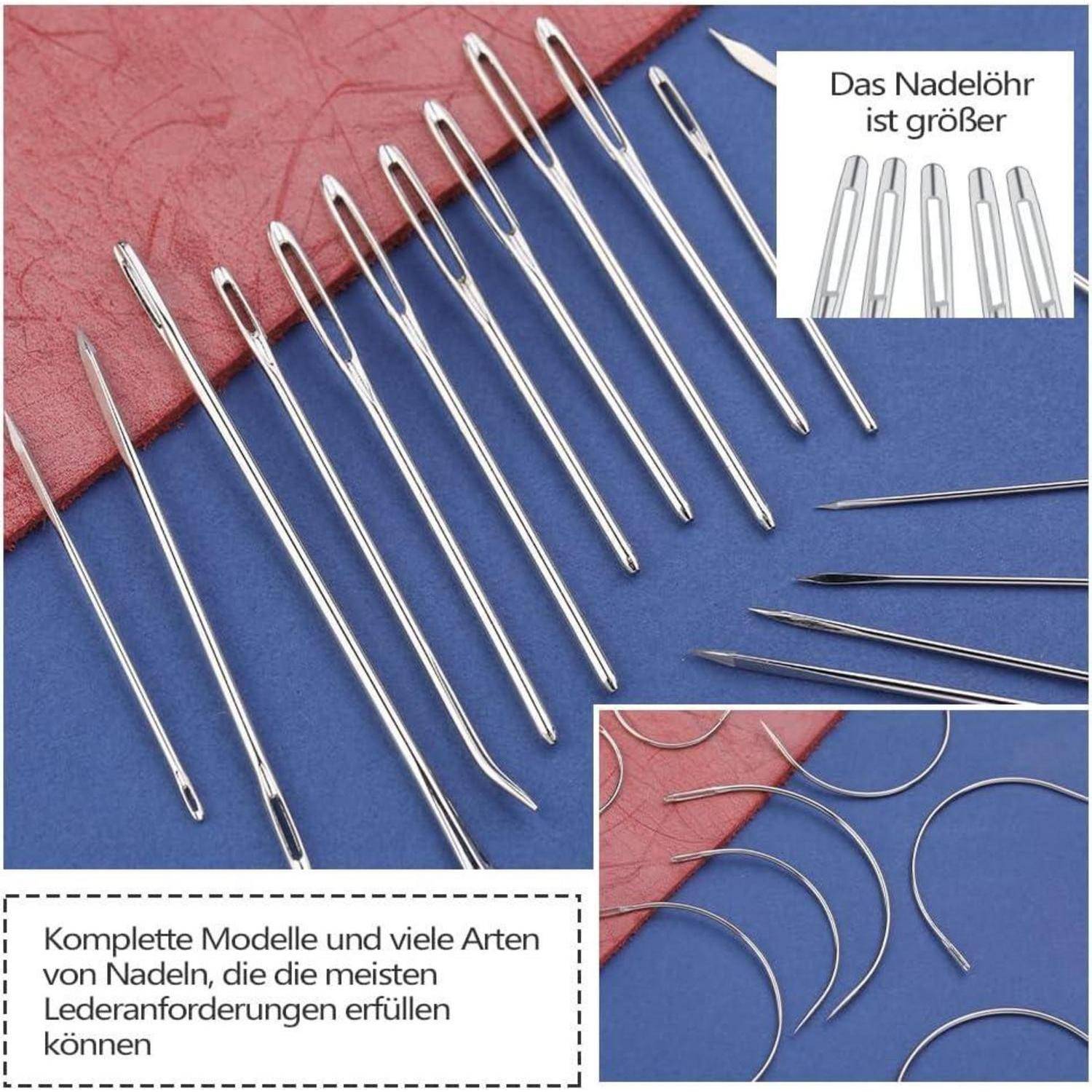 Eine Vielzahl von Nähnadeln und gebogenen Nadeln werden vor einem rot-blauen Hintergrund präsentiert. Eingeblendeter Text liest sich: Das Nadelöhr ist größer.