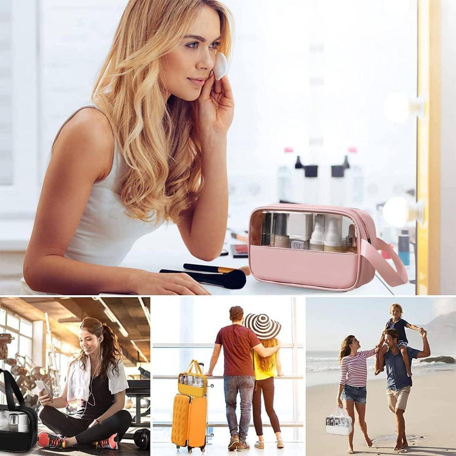 Eine Frau an einem Schminktisch trägt Make-up auf; darunter befinden sich Bilder einer Frau im Fitnessstudio, eines Paares mit Gepäck, einer Familie am Strand.